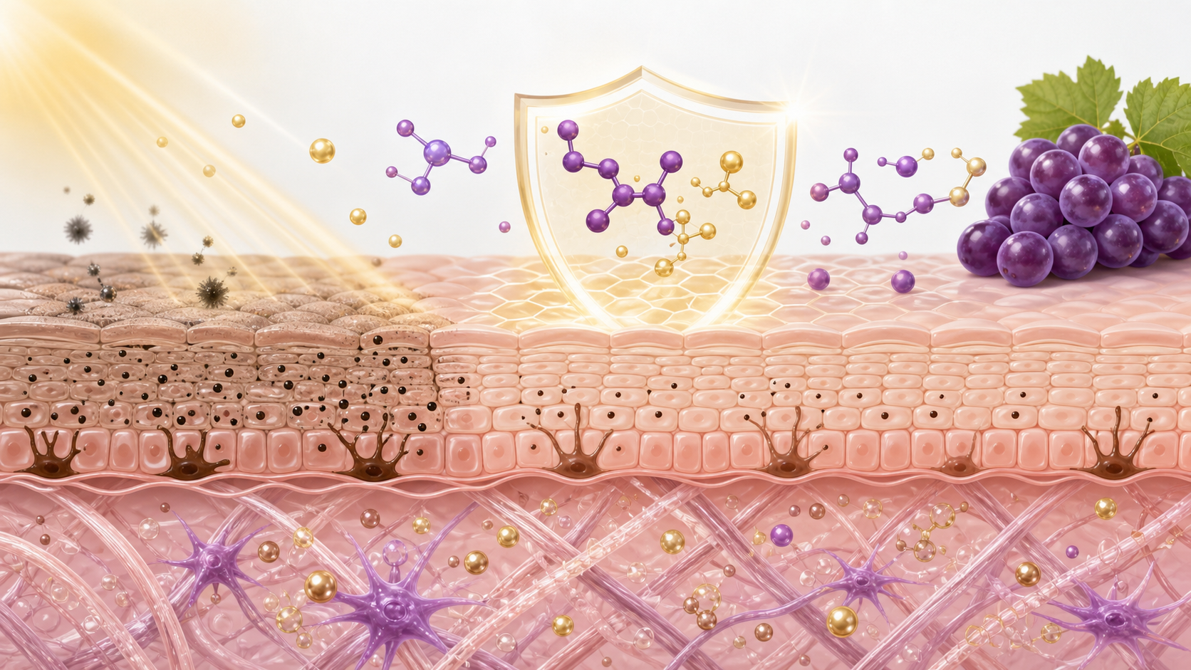 Scientific illustration of resveratrol antioxidant support with skin cross section UV light melanin balance and collagen fibers