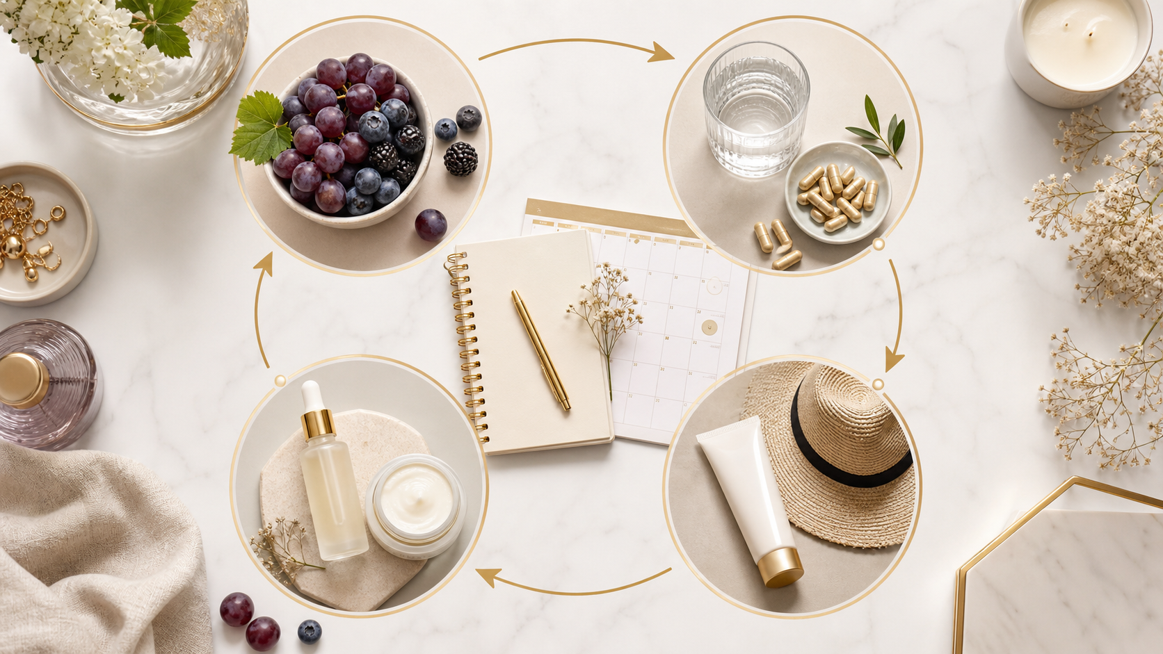 Resveratrol skin routine framework with grapes supplements skincare sunscreen and tracking notebook