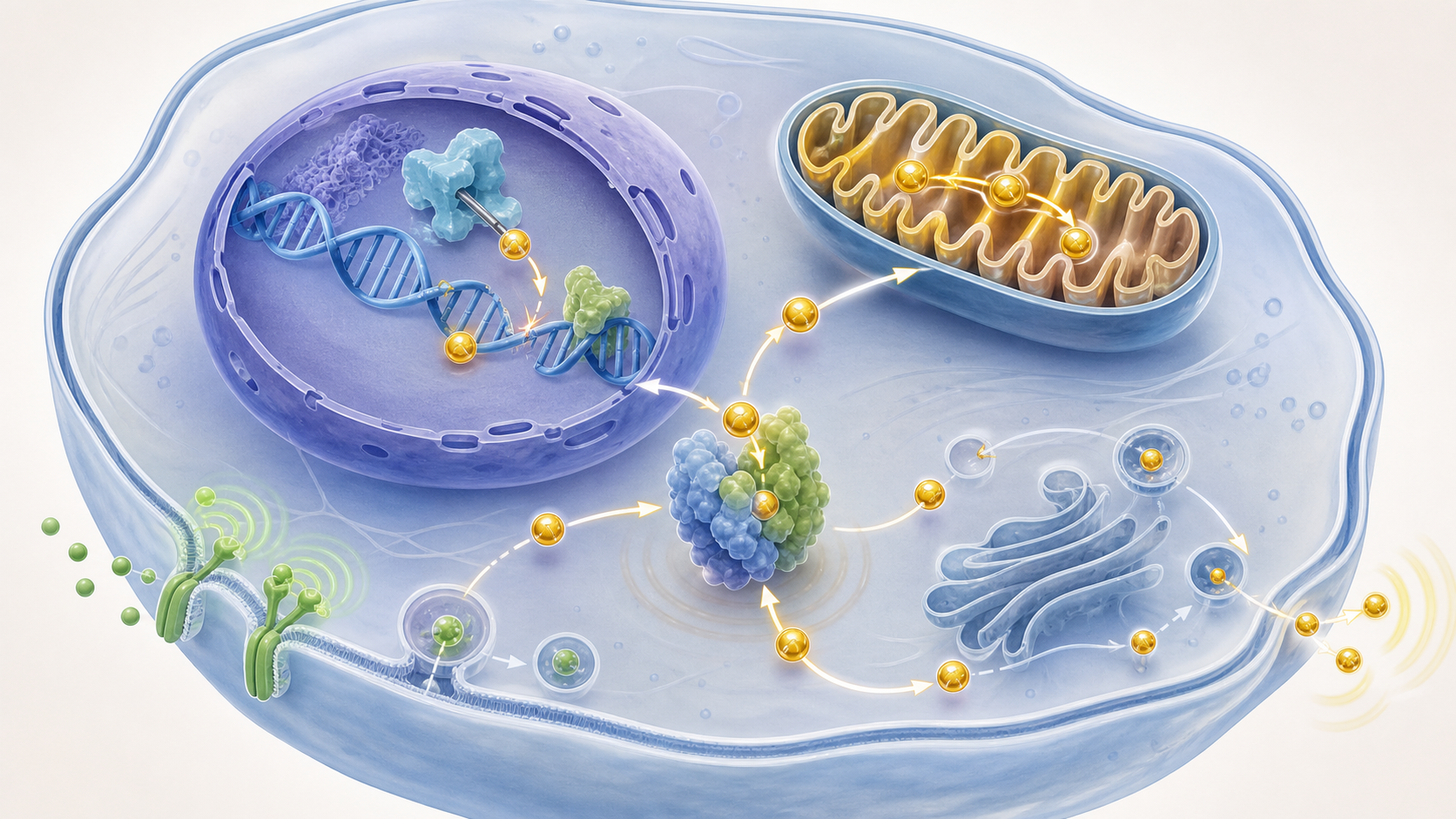 Human cell illustration showing NAD plus particles supporting mitochondria DNA repair signaling and cellular communication