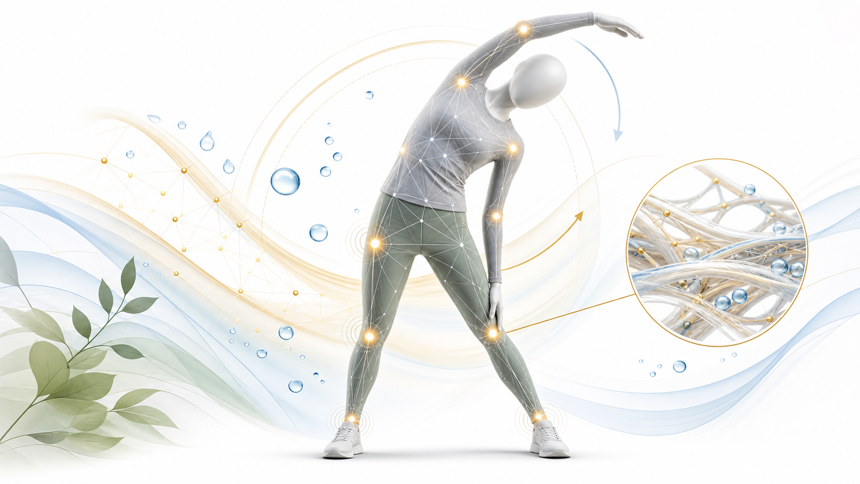 Fully clothed figure stretching with abstract fascia network lines hydration droplets and movement awareness signals