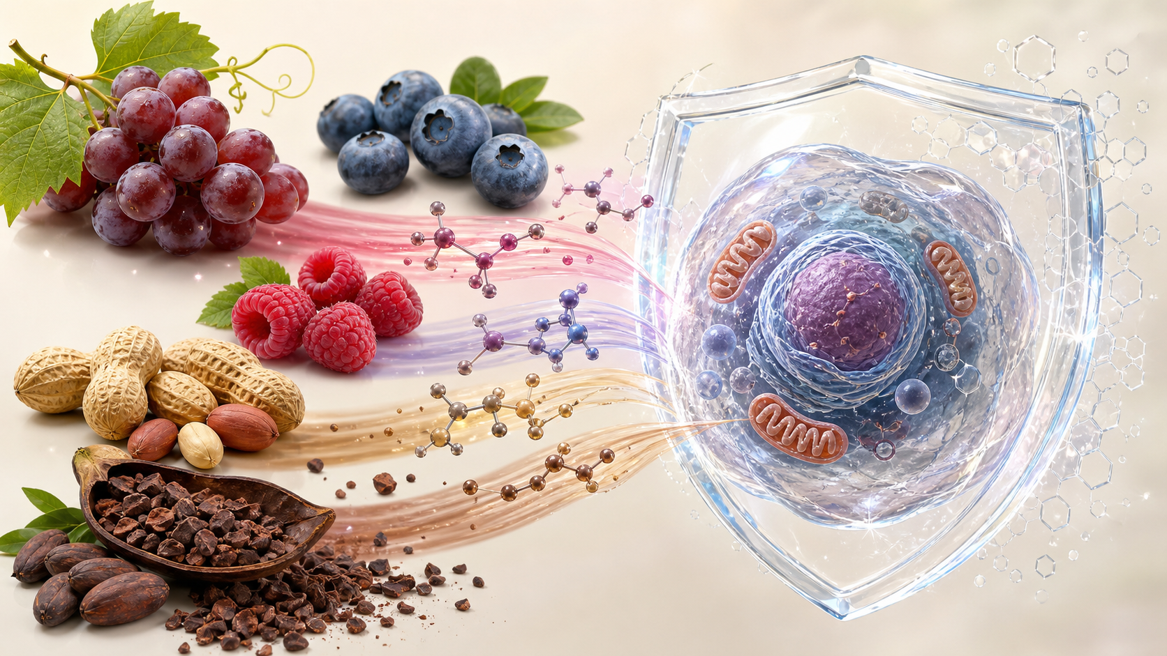 Resveratrol rich foods and polyphenol compounds supporting antioxidant balance around a healthy cell