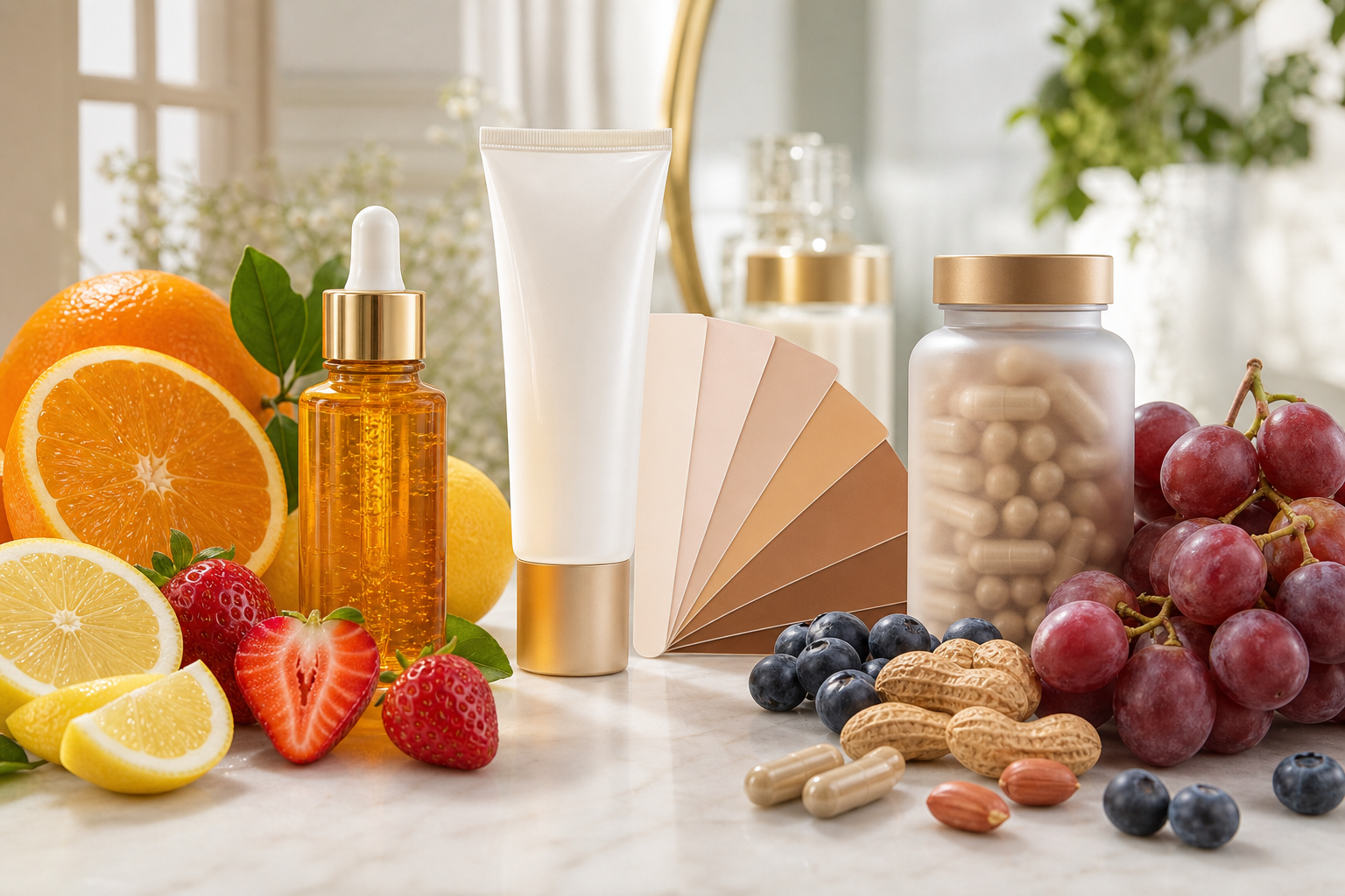 Vitamin C citrus serum and resveratrol grapes supplement compared for skin brightening and even-looking tone