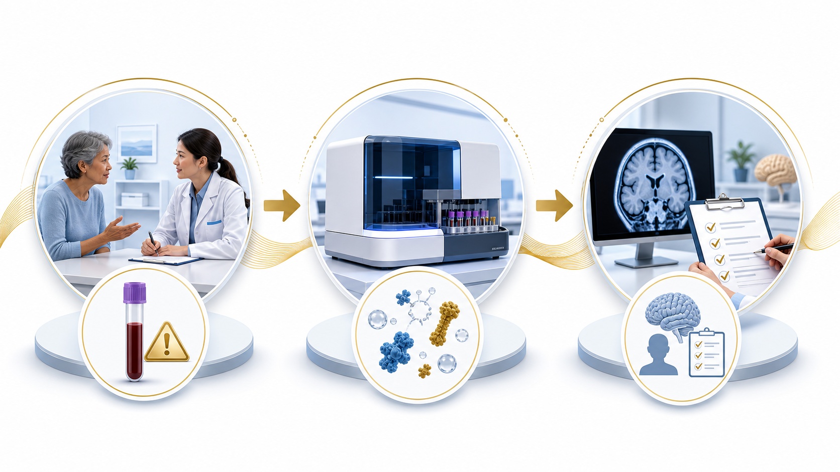 Clinical workflow showing memory concerns blood biomarker testing laboratory analysis and specialist interpretation with brain imaging