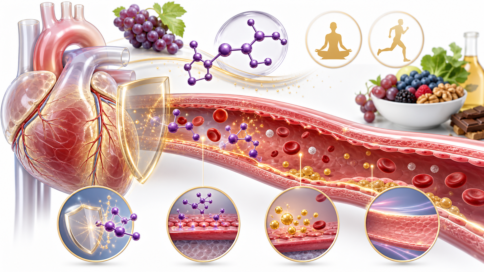 Scientific illustration of resveratrol polyphenols supporting antioxidant balance endothelial function and cardiovascular wellness pathways