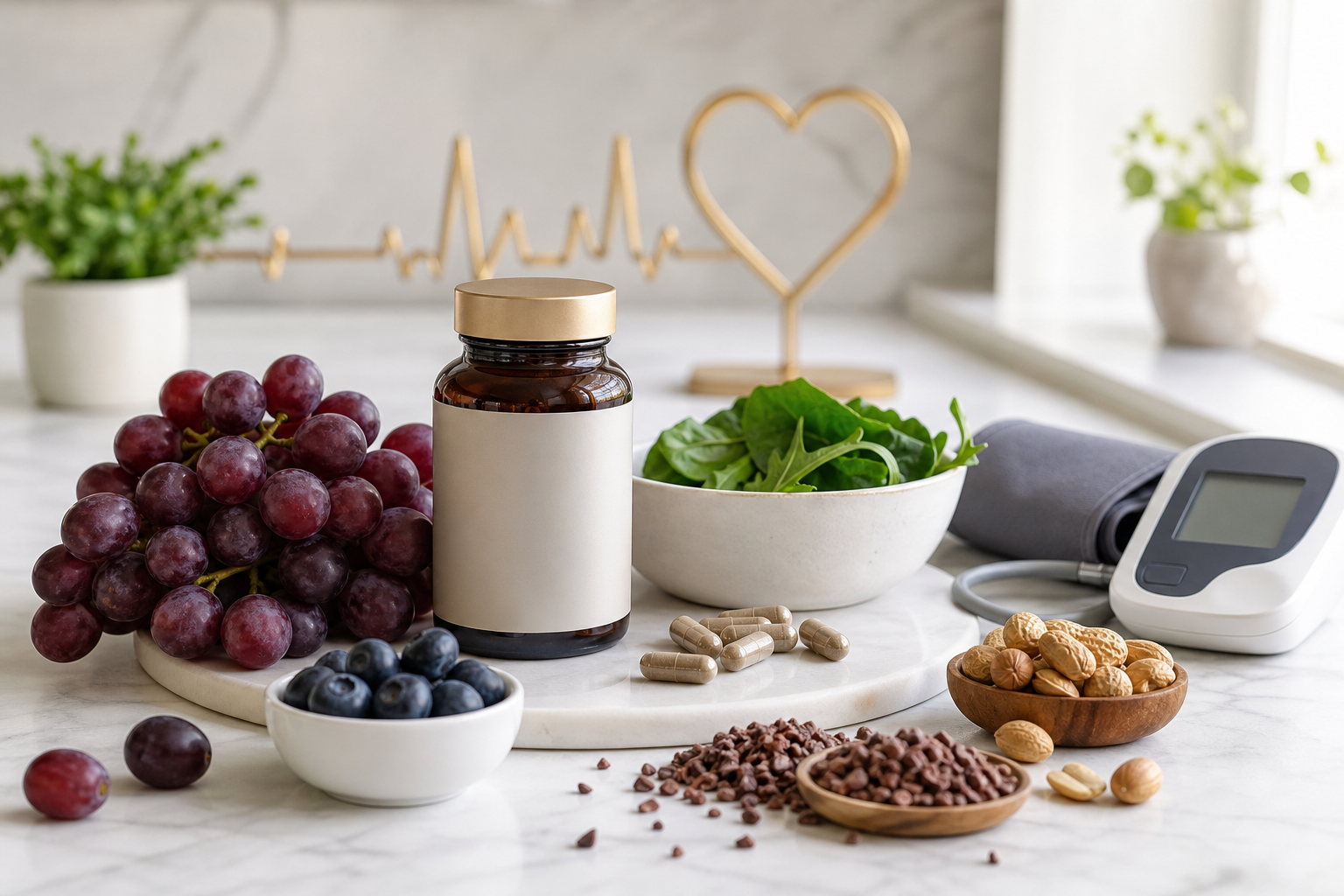 Resveratrol rich grapes berries peanuts cocoa capsules and blood pressure monitor for cardiovascular wellness support