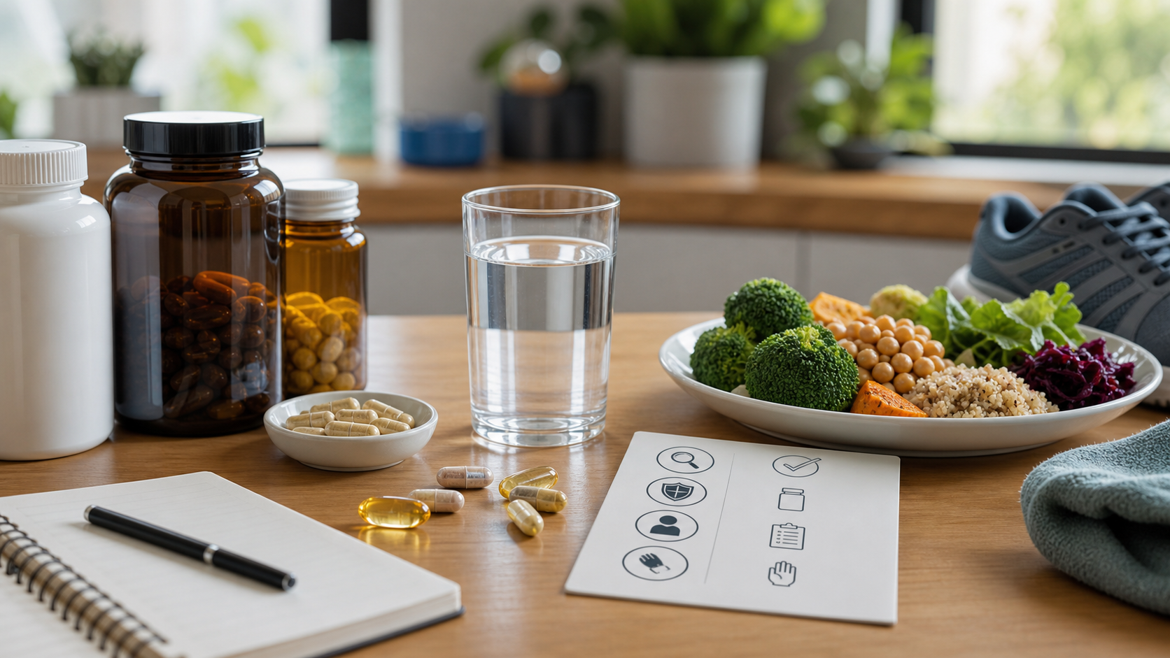 Responsible supplement routine with capsules, water, healthy food, notebook, exercise shoes, and safety icons