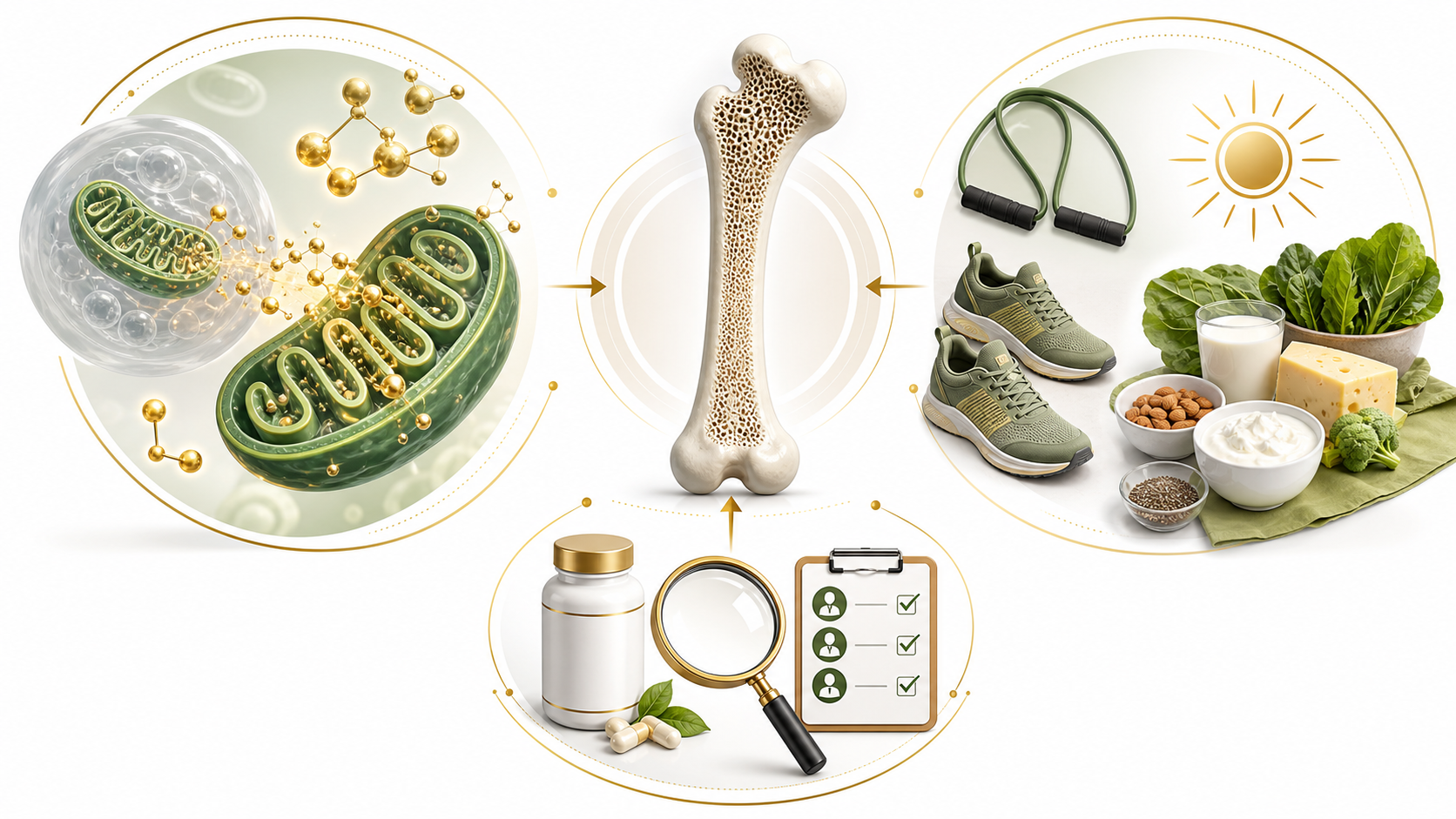Text-free infographic showing bone health as a combination of cellular energy pathways, nutrition, movement, sunlight, and supplement safety review