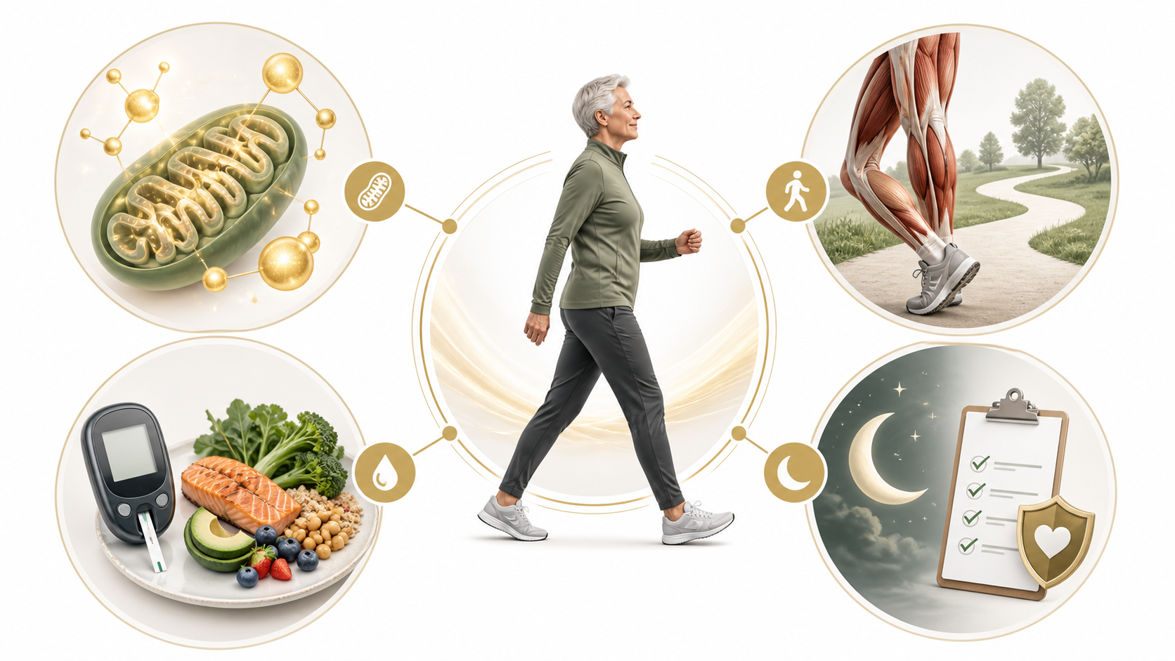 Text-free infographic showing NMN support areas for older adults including mitochondria, walking function, metabolic wellness, sleep, and safety tracking