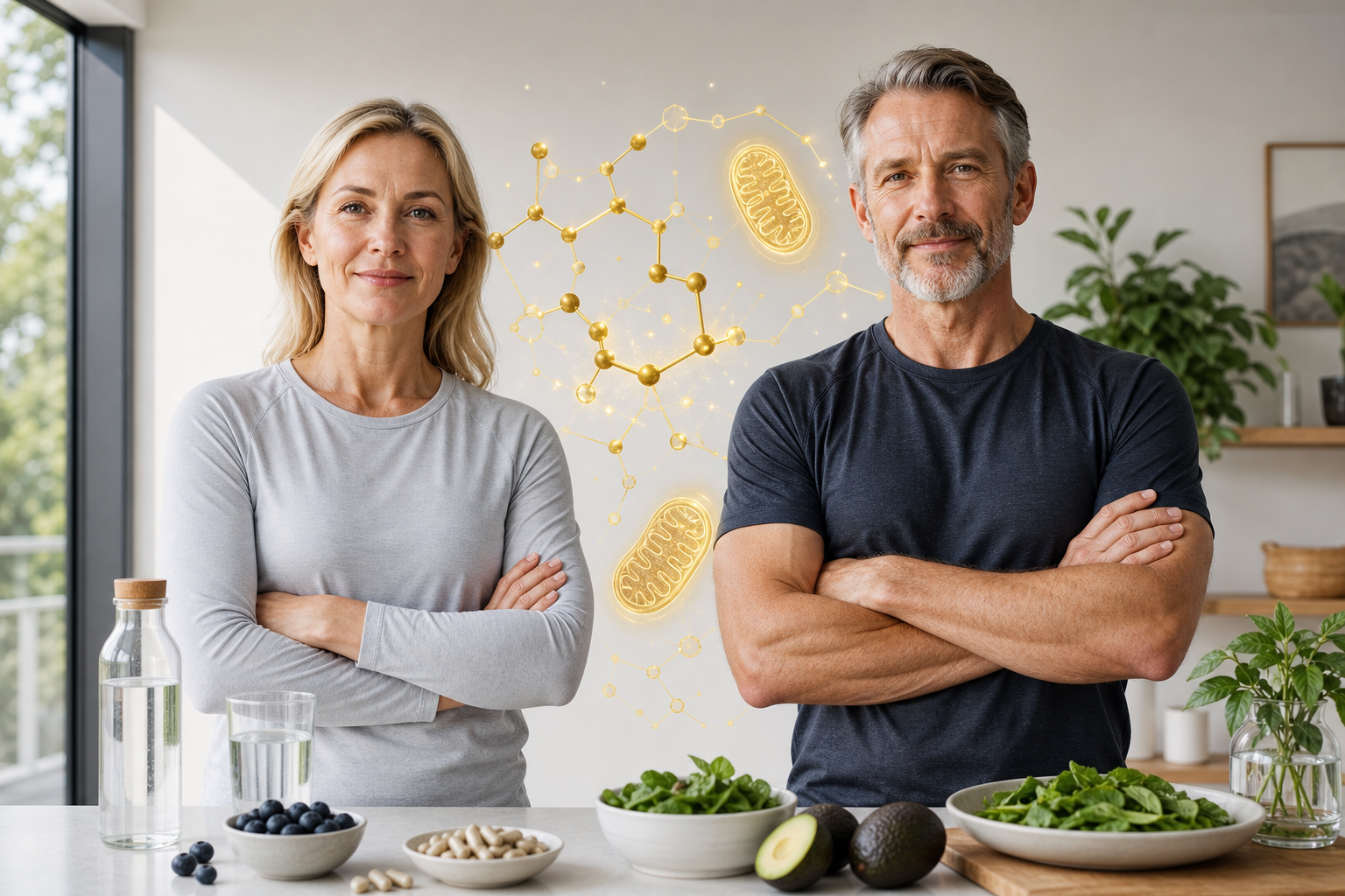 Balanced wellness cover showing a woman and a man with NAD plus molecular and mitochondria motifs, healthy food, water, and neutral supplement capsules