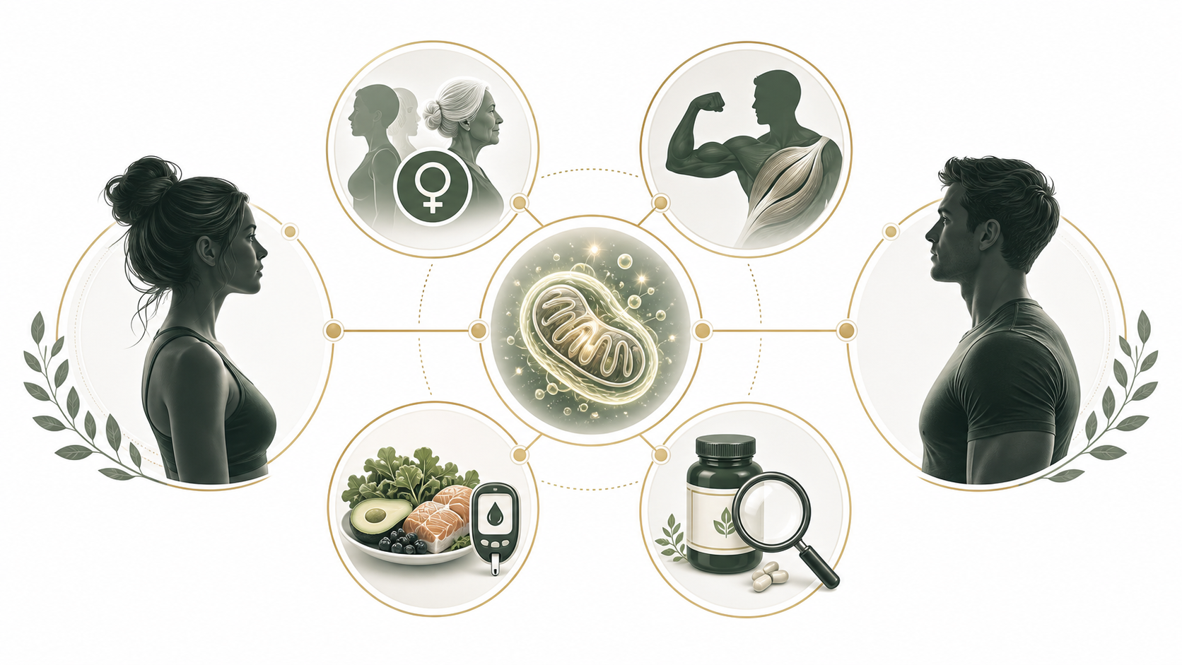 Text-free decision framework showing women and men connected equally to NAD plus, mitochondria, life stage, muscle, metabolic wellness, and safety review icons