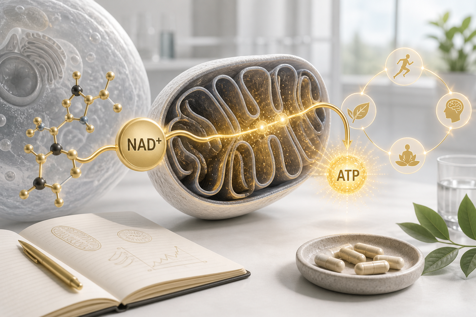NAD+ molecule supporting mitochondrial ATP energy production for healthy aging