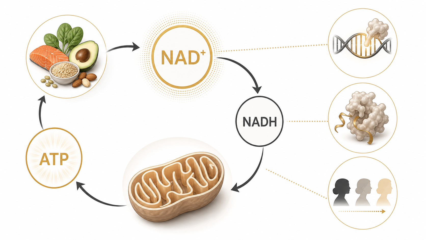 NAD+ NADH and ATP energy cycle infographic with mitochondria and cellular support icons