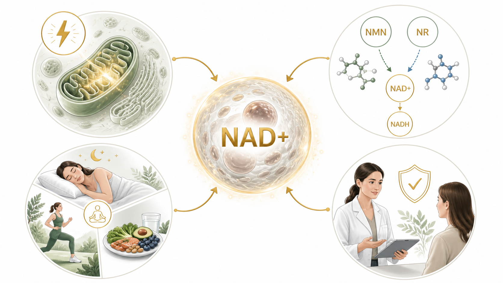 NAD plus support ecosystem with NMN NR NADH sleep movement and diet