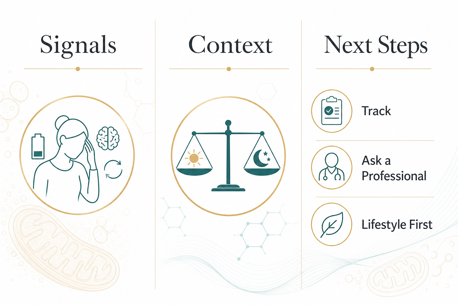 Signals context and next steps framework for interpreting possible low NAD plus wellness patterns