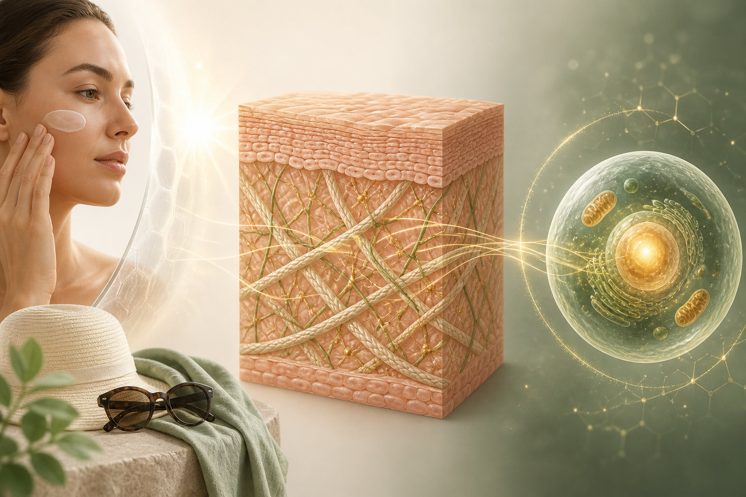 Editorial illustration connecting skin collagen structure with healthy cellular energy and daily protection