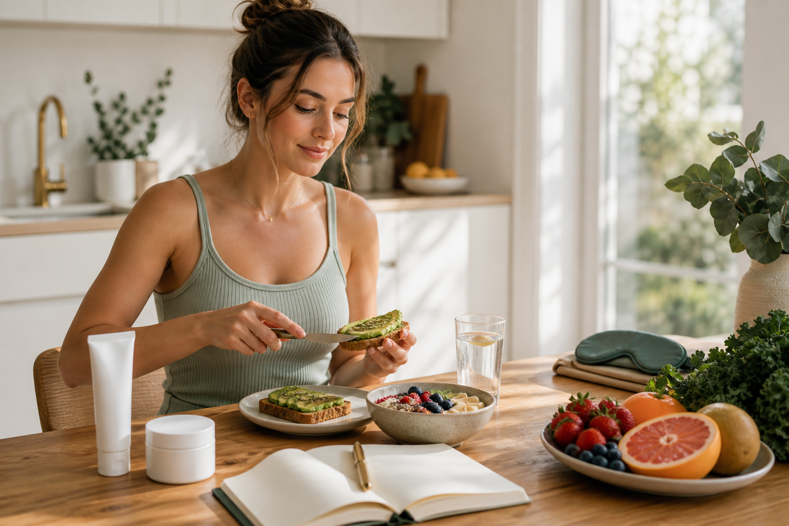 Young adult combining sunscreen, balanced food, hydration, and sleep cues in a practical healthy-aging routine
