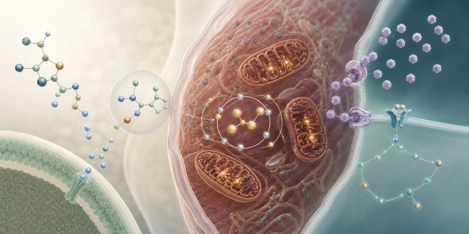Scientific editorial illustration of an NMN and NAD+ pathway connected with mitochondria, muscle-cell energy, and glucose signaling