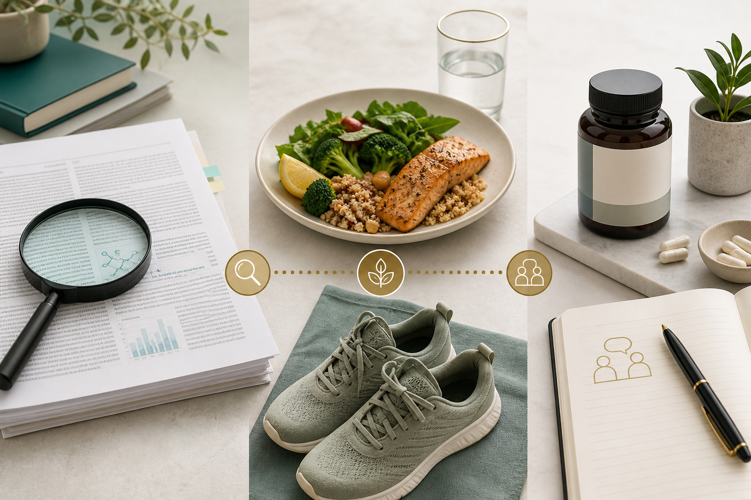 Research paper, balanced meal, movement, supplement label, and healthcare conversation representing evidence-aware metabolic wellness decisions