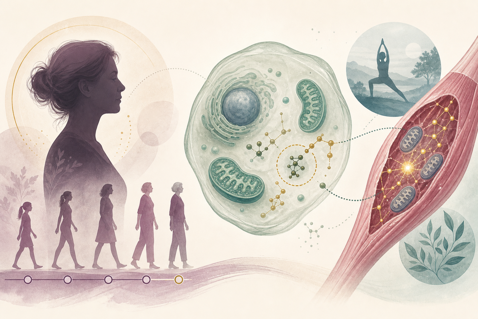 Scientific illustration connecting a menopause life stage, cellular NAD+ research, and muscle energy pathways without implying hormone treatment