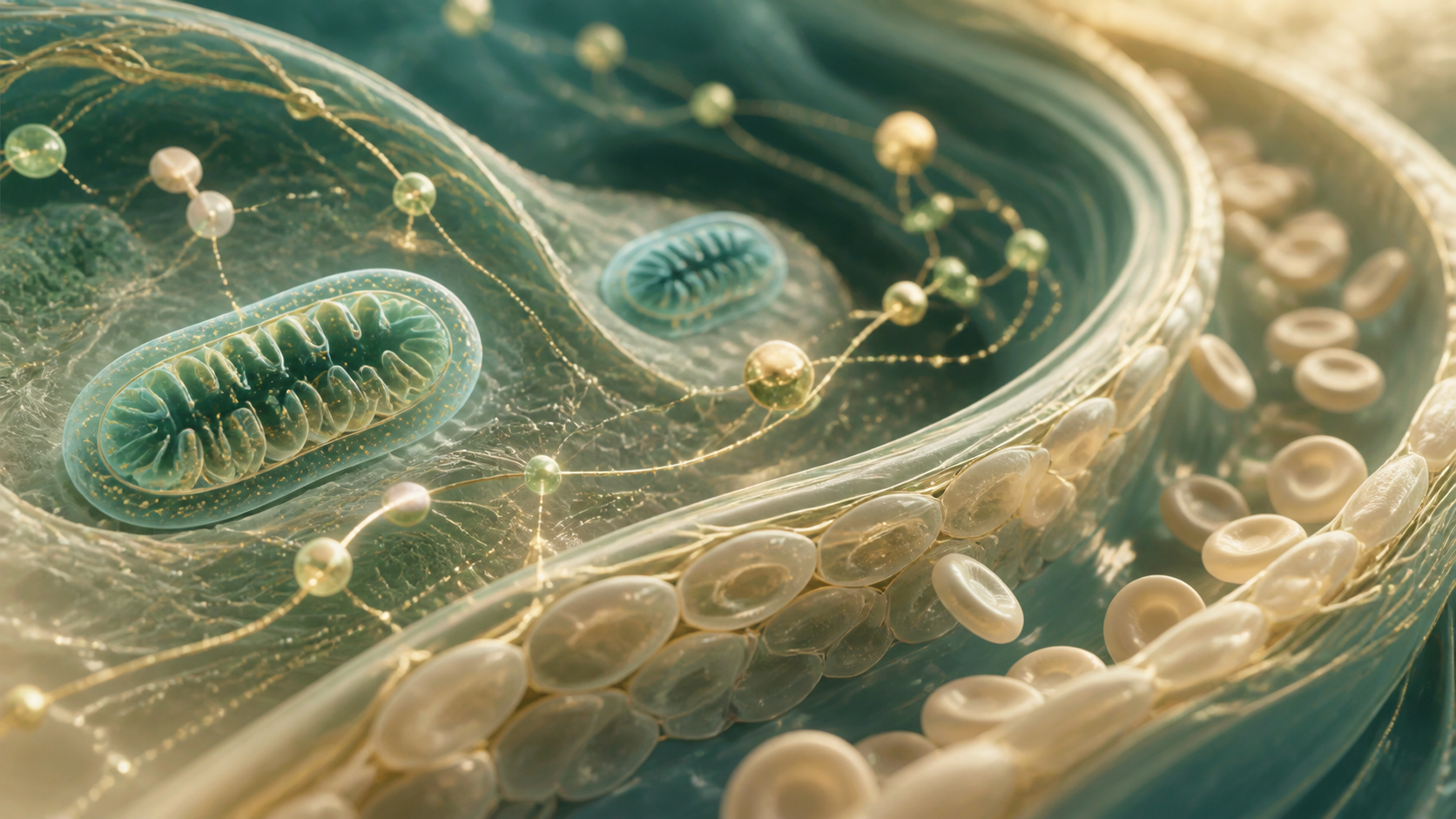 Abstract scientific illustration representing NAD-related cellular energy and vascular pathways under study