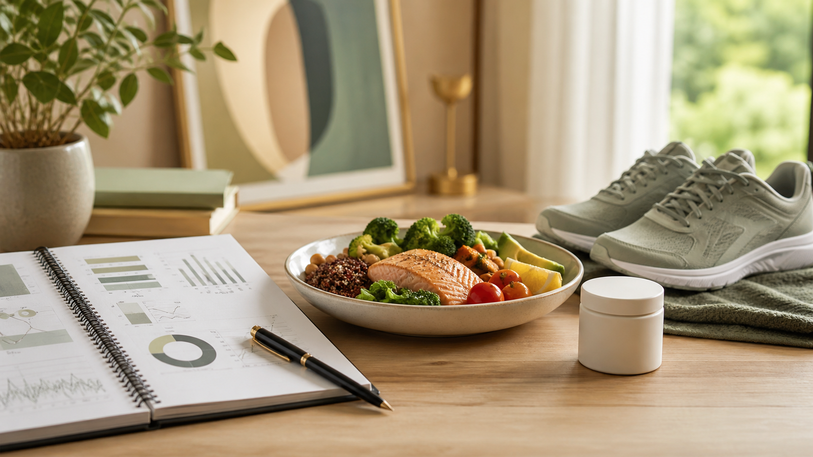 Research notebook, healthy food, walking shoes, and an unbranded supplement container representing evidence-aware heart-health decisions