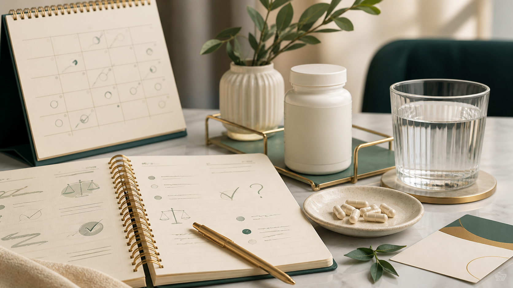 Notebook, calendar, water, and supplement container representing an informed NAD+ and NMN choice