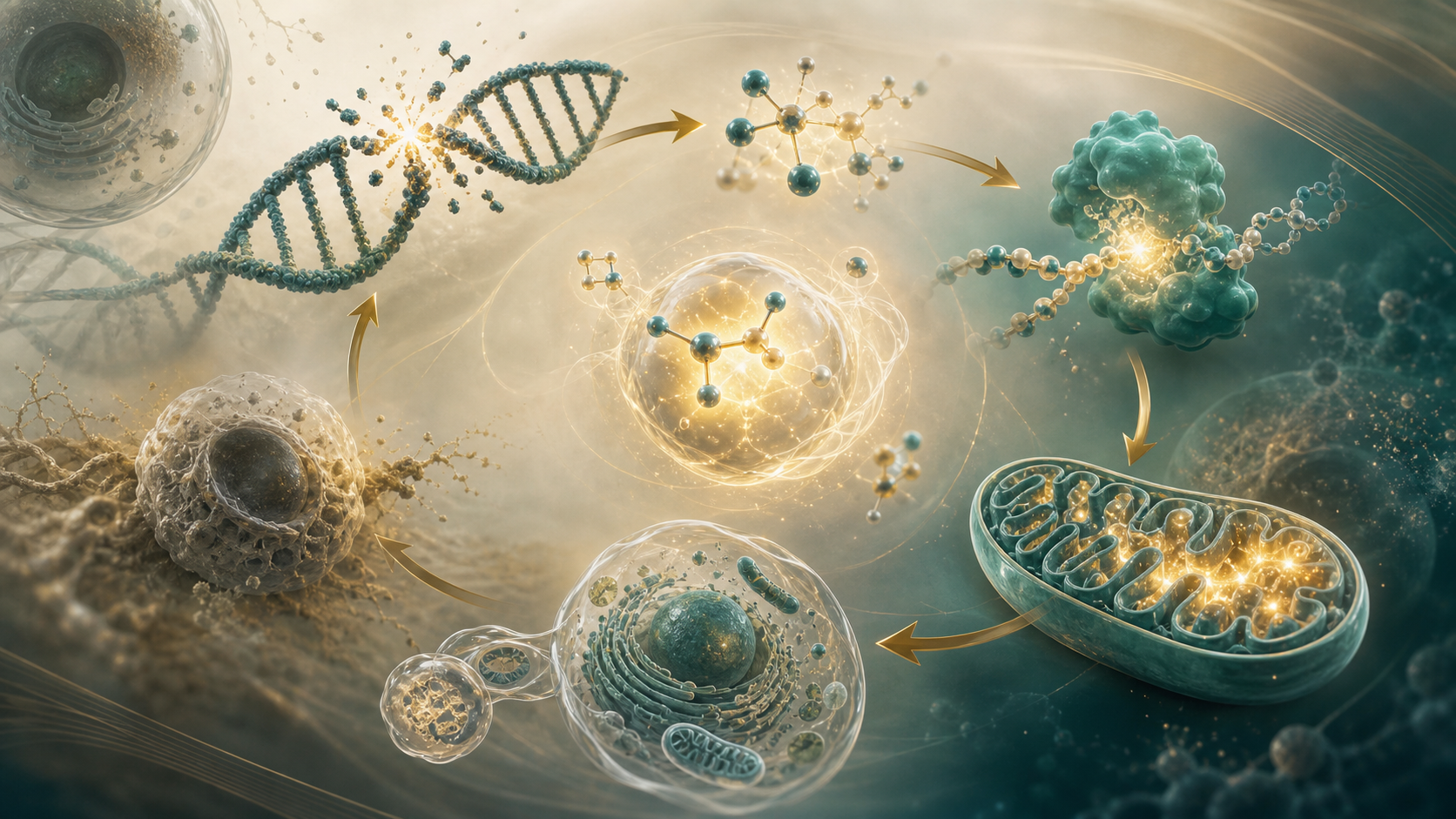 Conceptual scientific loop connecting NAD+ consumption, DNA repair, sirtuin activity, and mitochondrial maintenance
