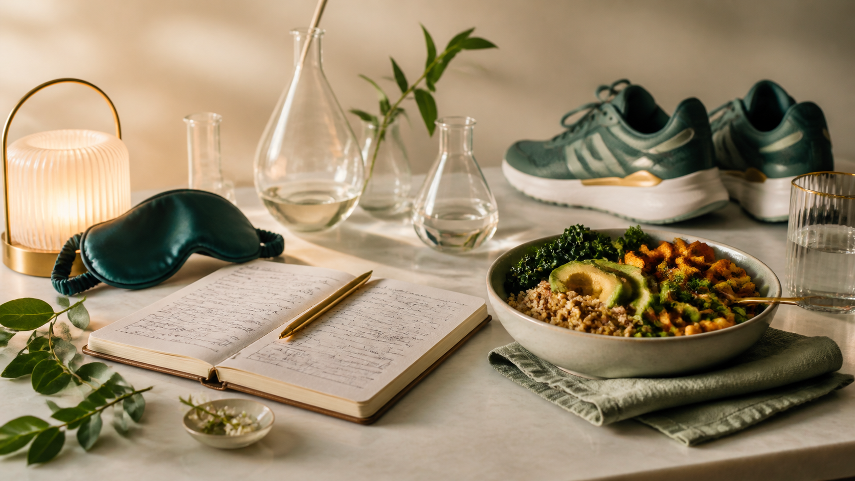Healthy meal, walking shoes, sleep routine, and research notebook representing practical healthy-aging habits