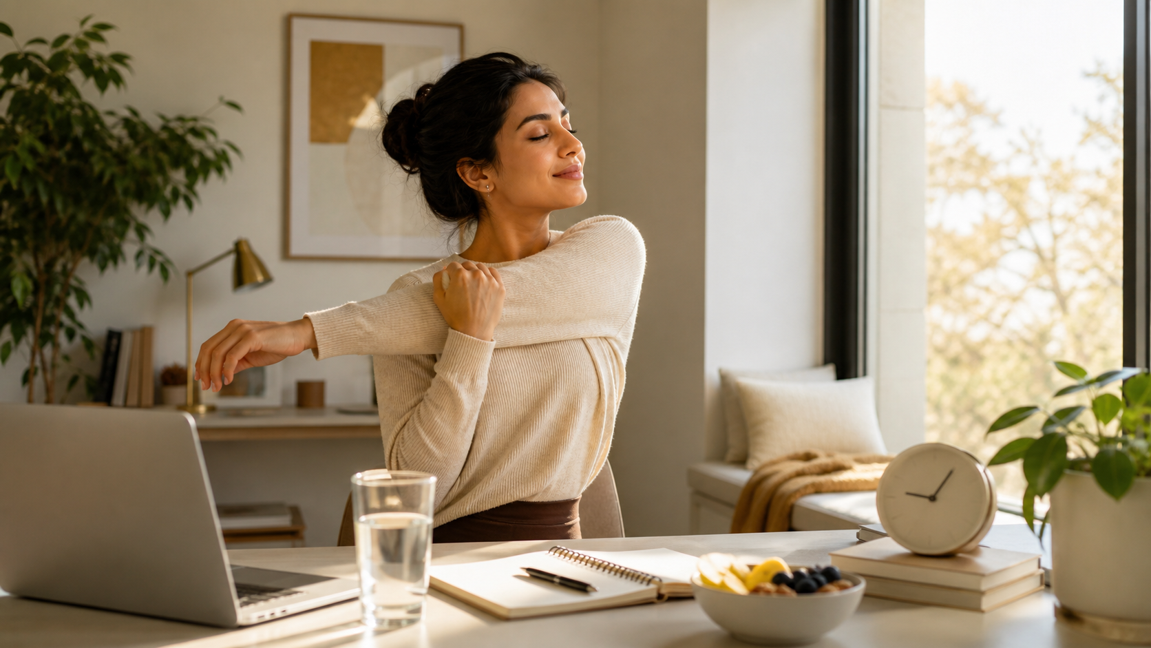 Young adult taking a healthy movement break during a focused study or work session