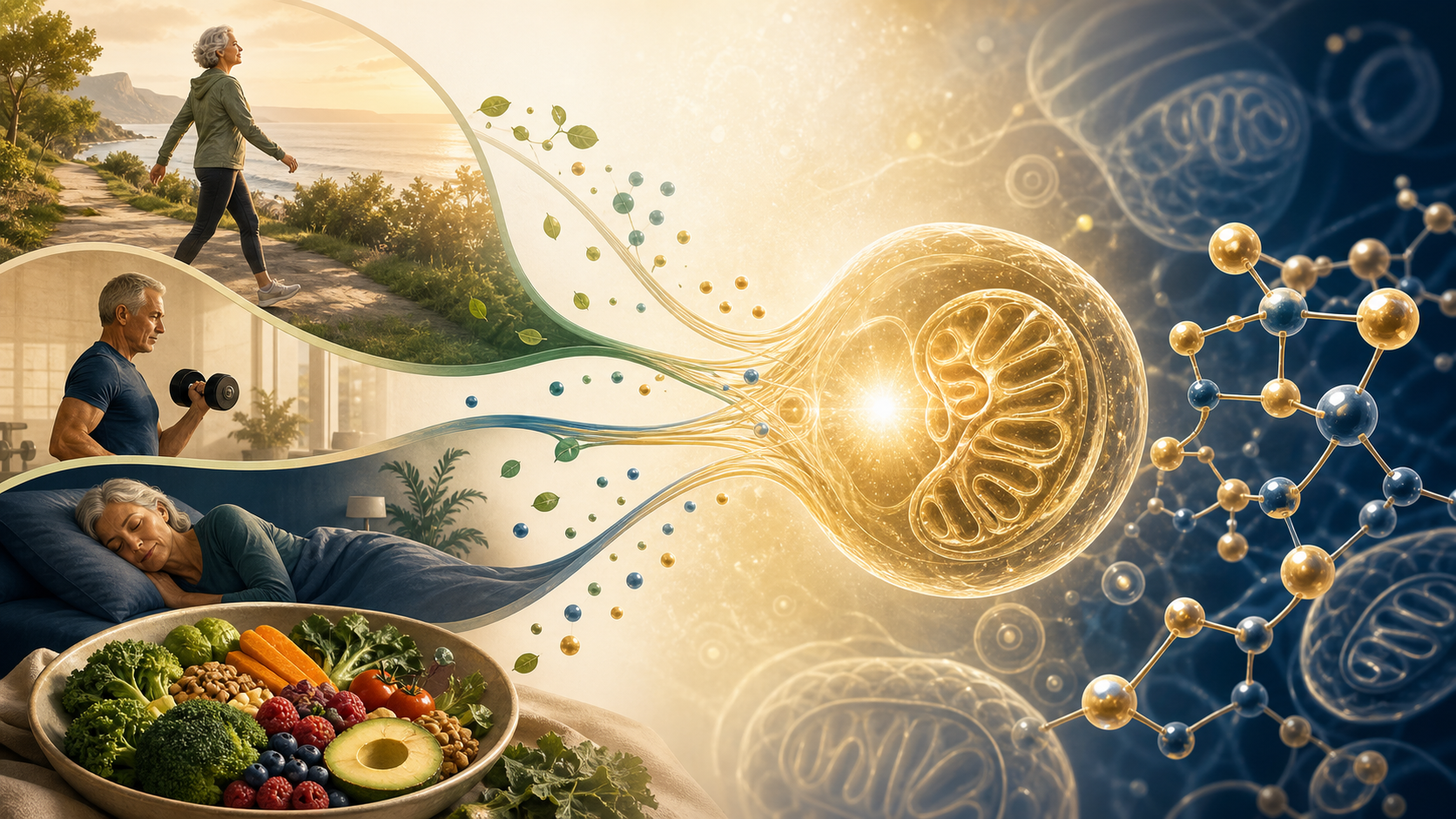 Conceptual pathway connecting exercise, sleep, food, and cellular energy in healthy aging