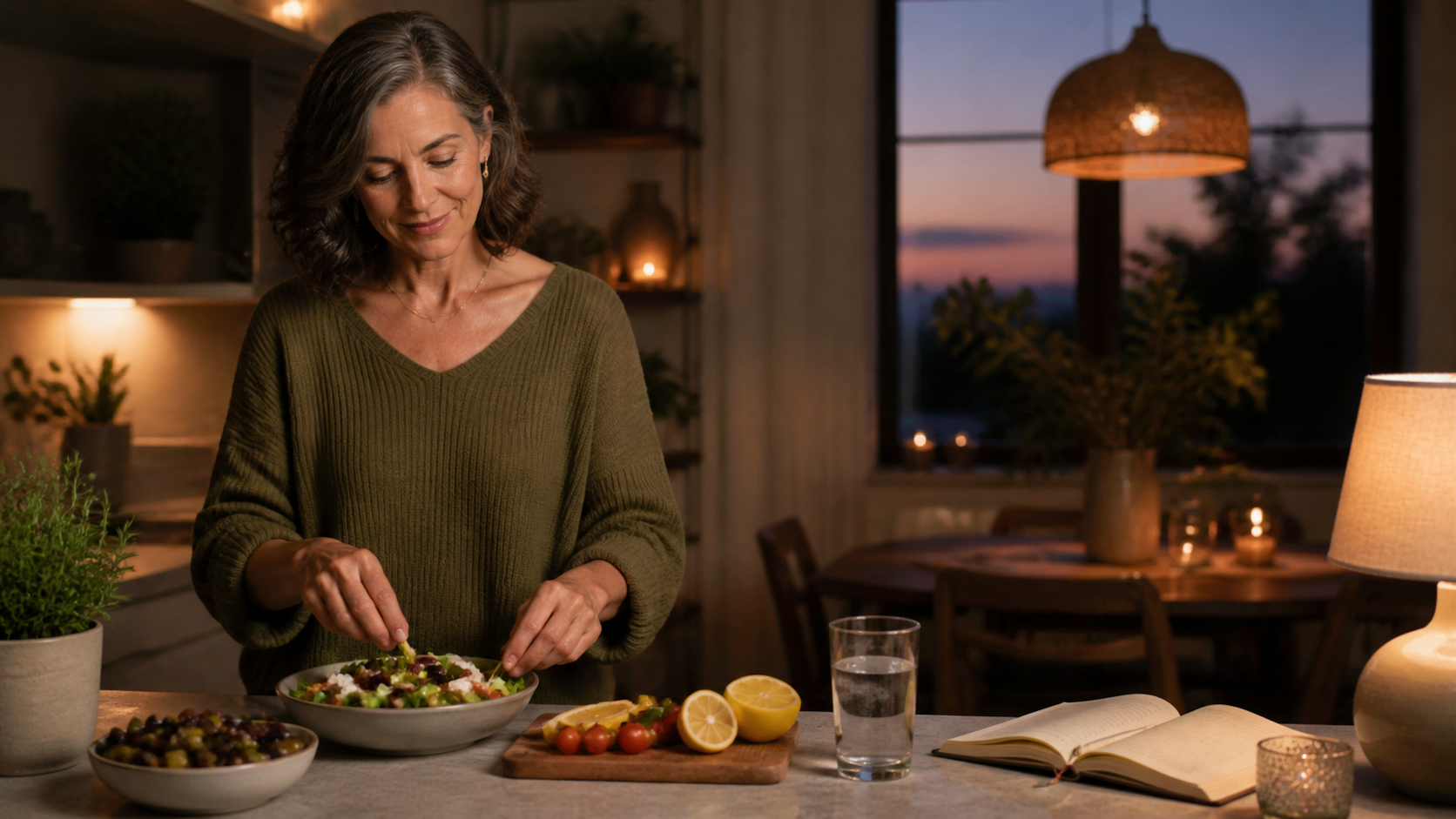 Calm evening meal and recovery routine supporting healthy aging
