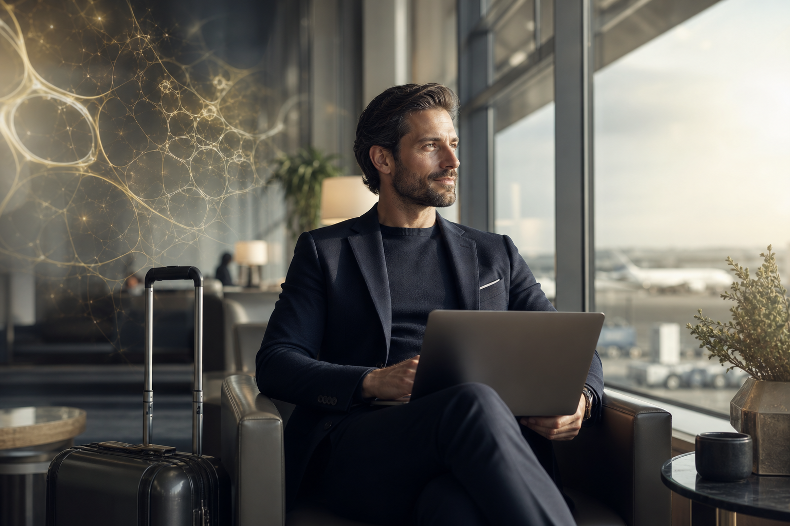 Business traveler staying calm and alert in a modern airport lounge