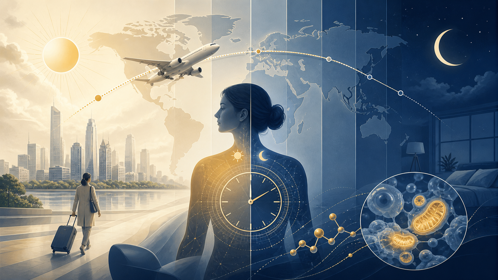 Conceptual airplane route and body-clock imagery for jet lag and circadian rhythm