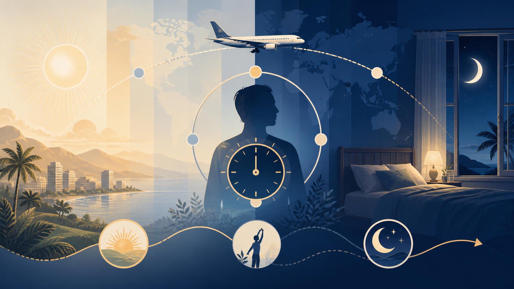 Conceptual airplane route, body clock, daylight, and local bedtime cues for jet lag