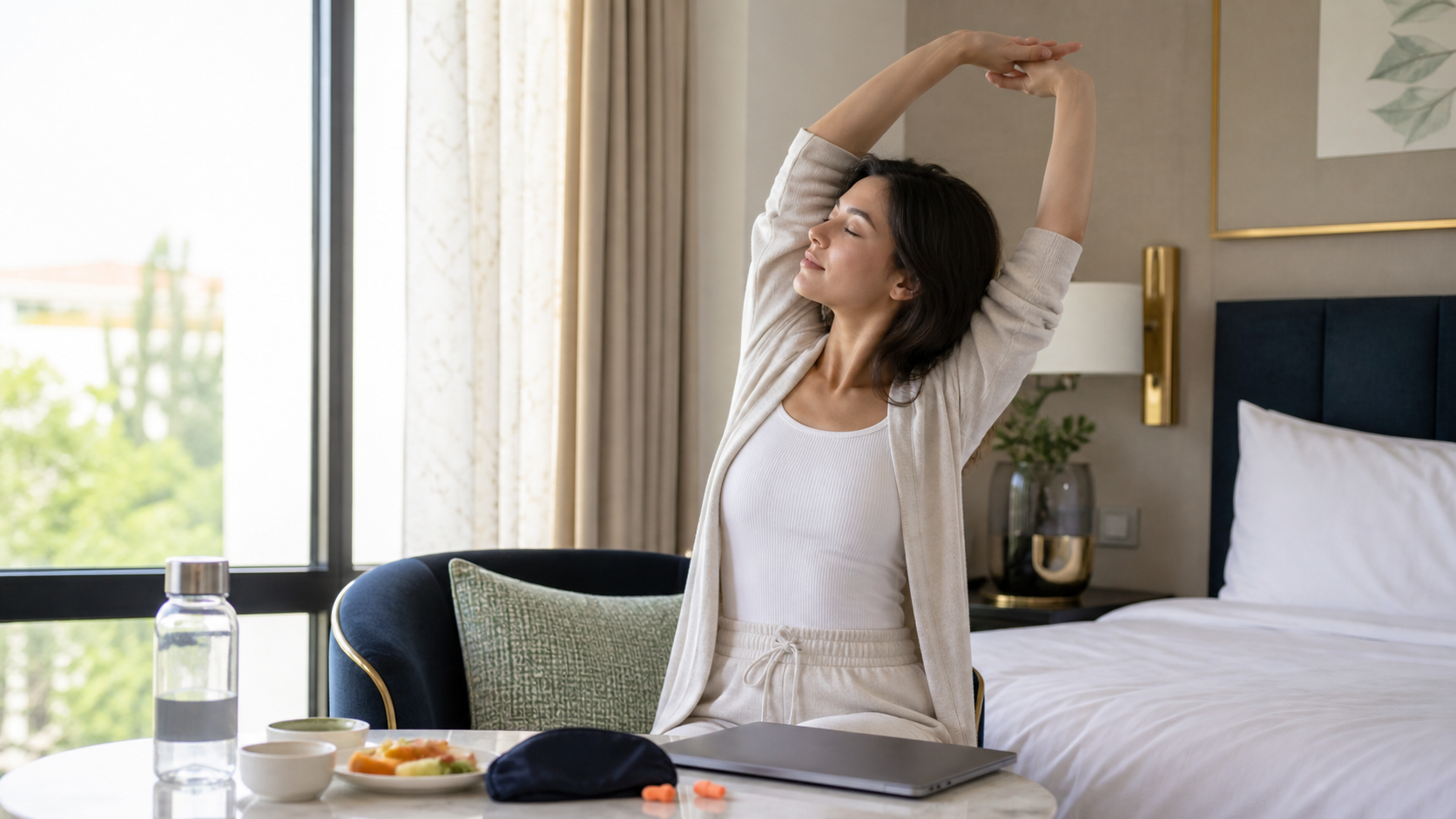Traveler using daylight, hydration, a healthy breakfast, and gentle movement after arrival