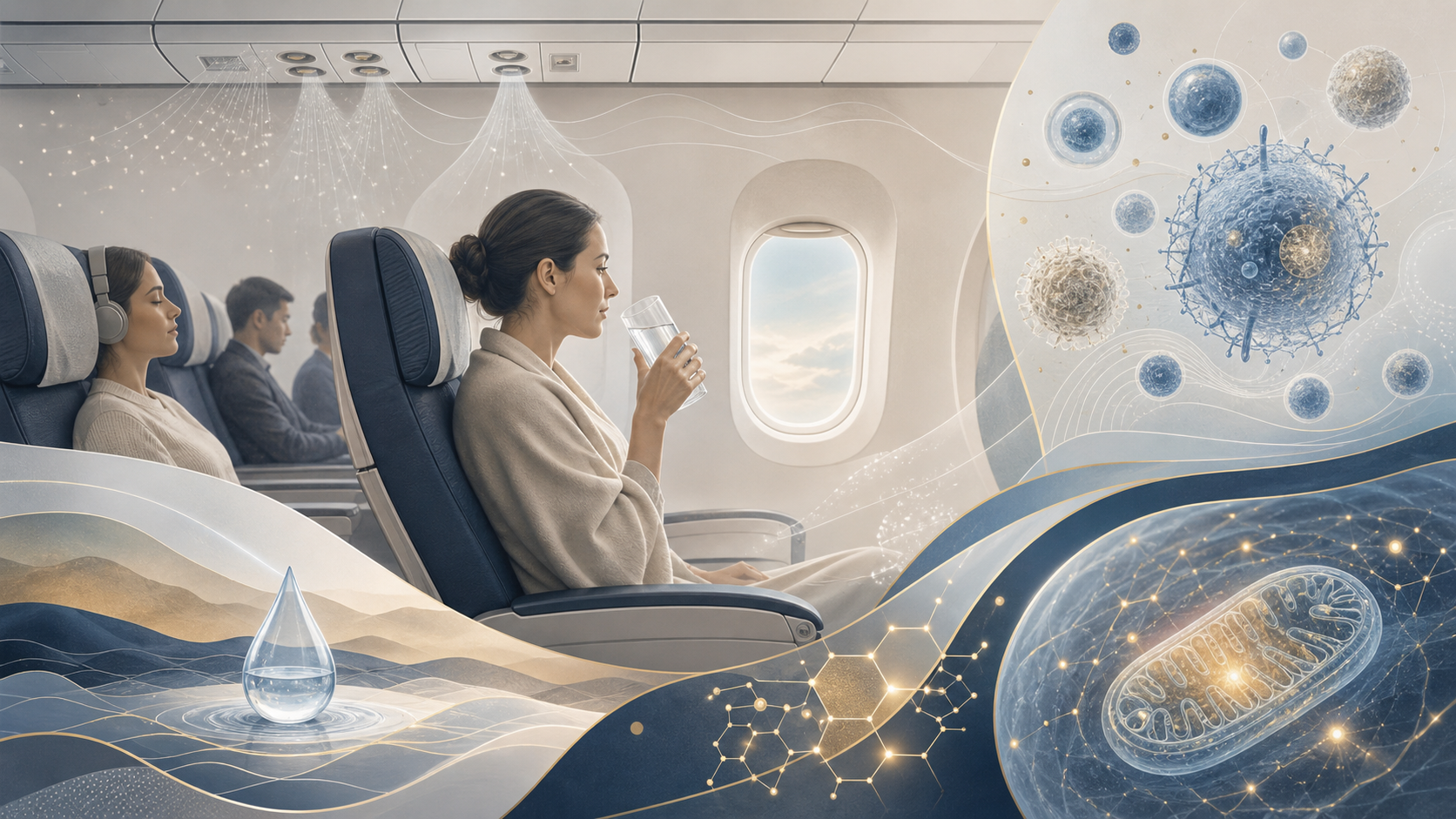 Conceptual airplane cabin, hydration, and cellular-energy imagery related to travel health