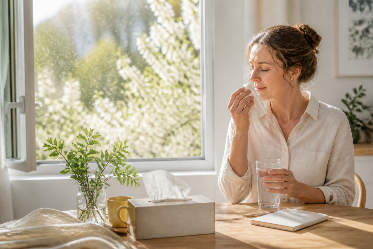 Adult managing spring pollen discomfort in a bright home with water and tissues