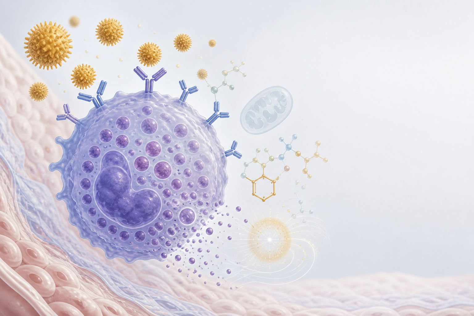 Conceptual scientific illustration of a mast cell, pollen particles, and cellular-energy research motifs