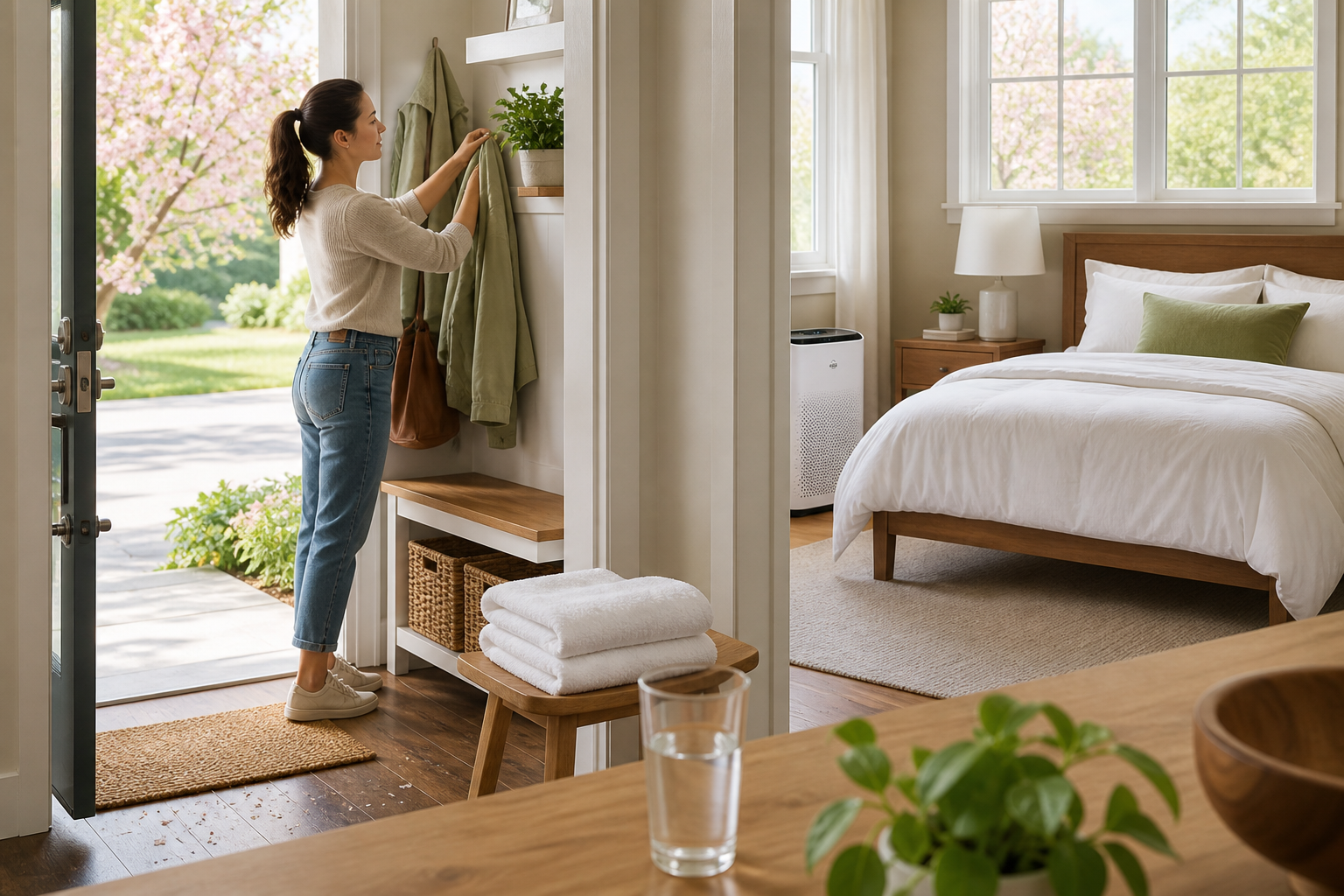 Spring allergy wellness routine with clean entryway, fresh bedding, closed window, and air purifier