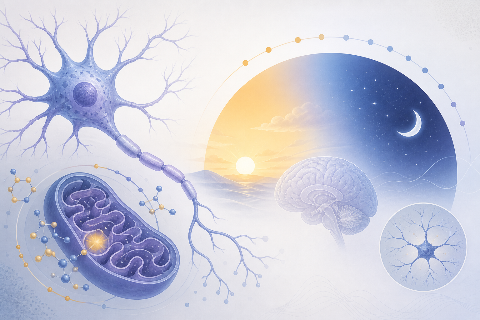 Conceptual illustration of a neuron, mitochondrion, brain, and day-night cycle related to NAD+ research