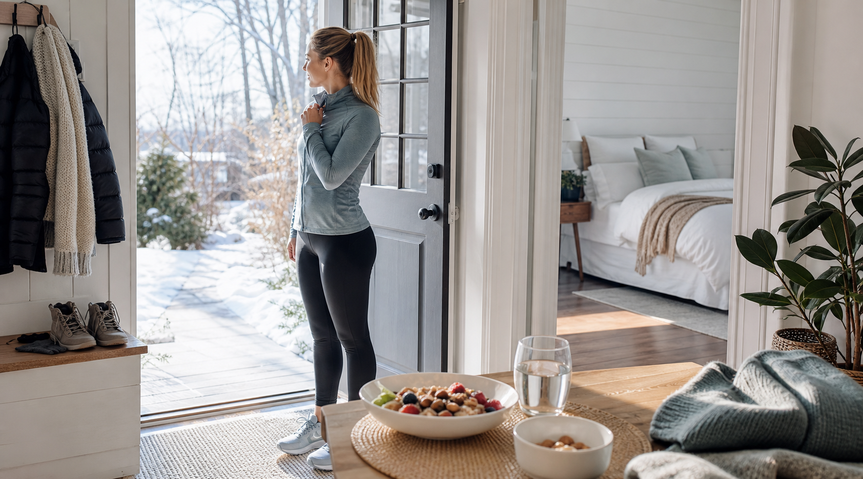 Winter morning routine with outdoor light, walking shoes, balanced breakfast, water, and a prepared bedroom