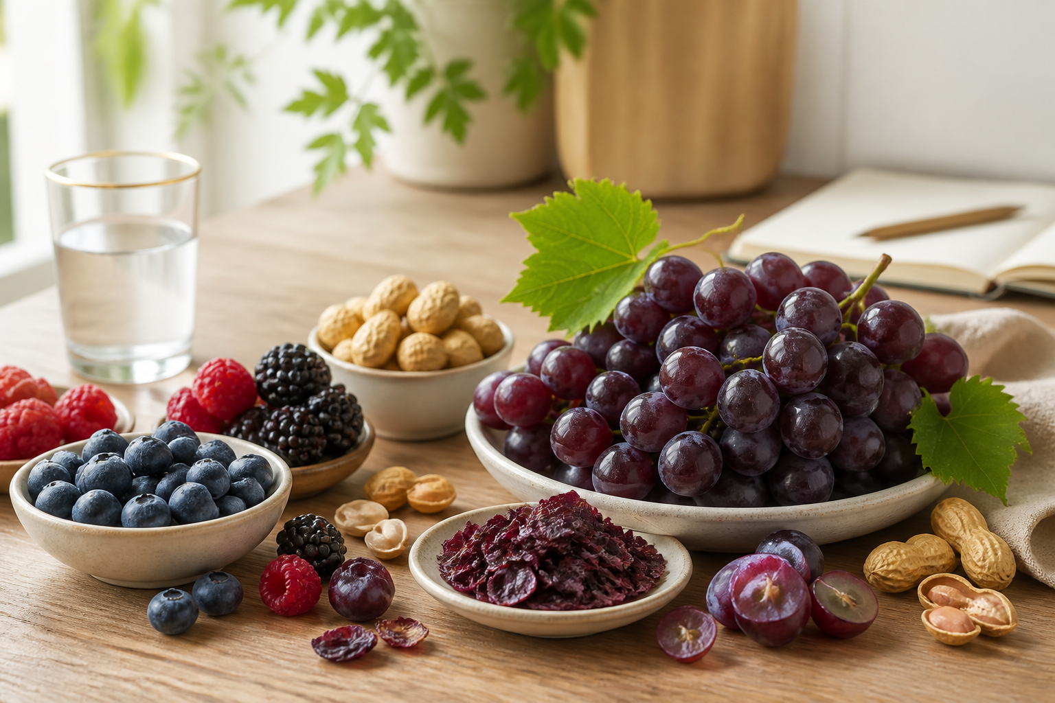 Grapes, berries, peanuts, and grape skins arranged as natural resveratrol food sources