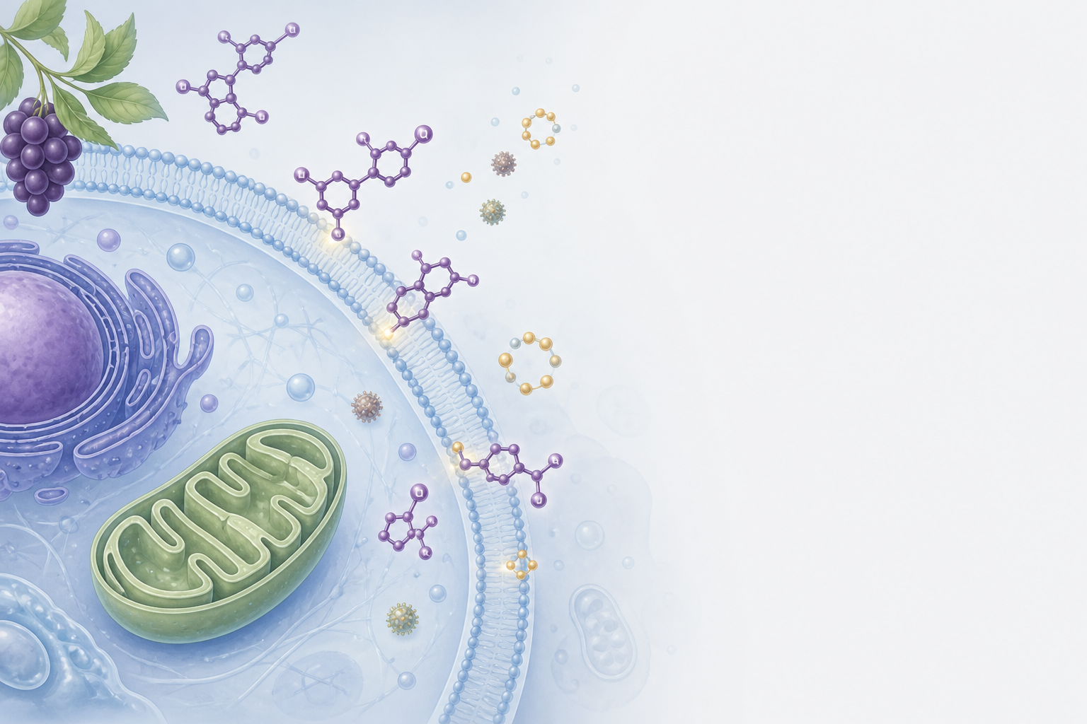 Conceptual illustration of resveratrol molecules near a cell membrane and mitochondrion