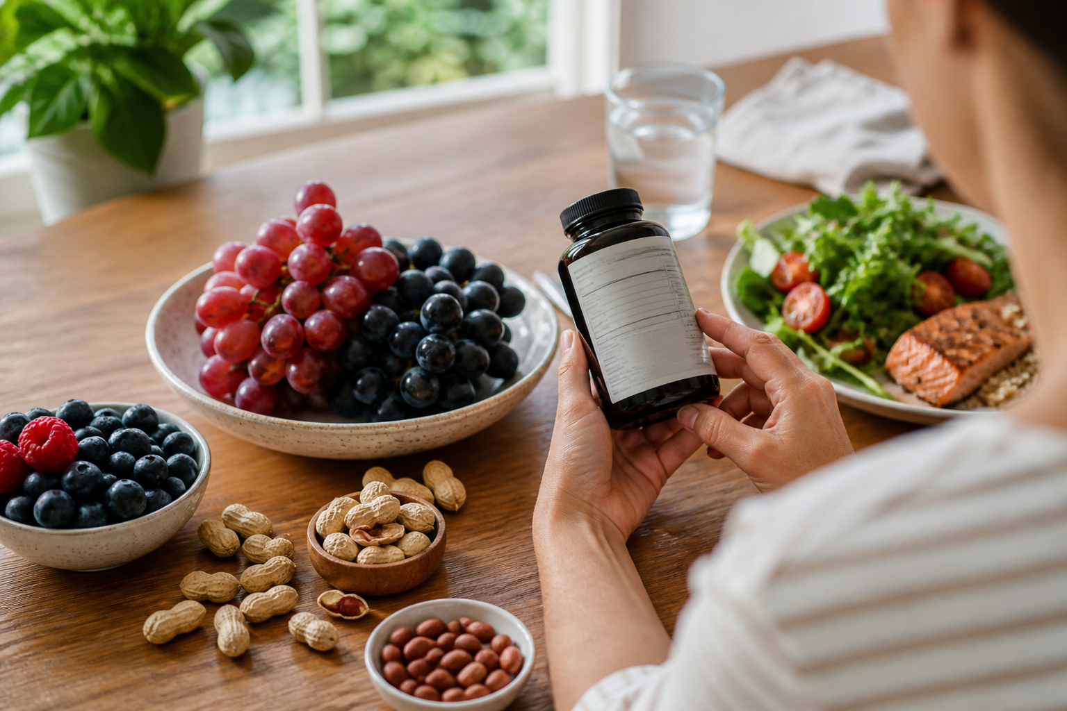 Person reviewing a neutral supplement label beside grapes, berries, peanuts, and a balanced meal