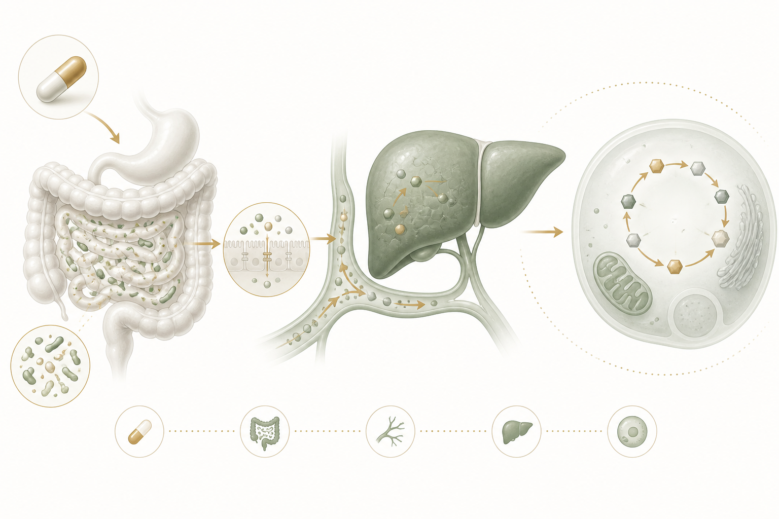 Illustrated research model showing oral NMN, gut microbiota, liver processing, and cellular NAD+ metabolism