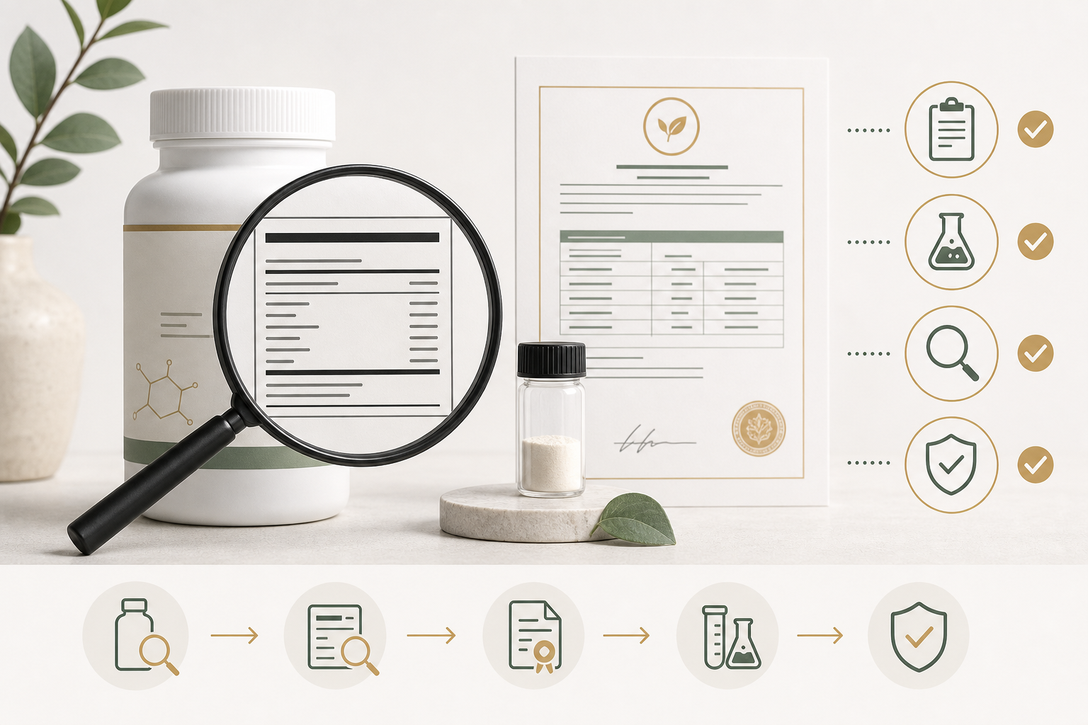Editorial illustration of an NMN label, certificate of analysis, laboratory vial, and quality review checklist