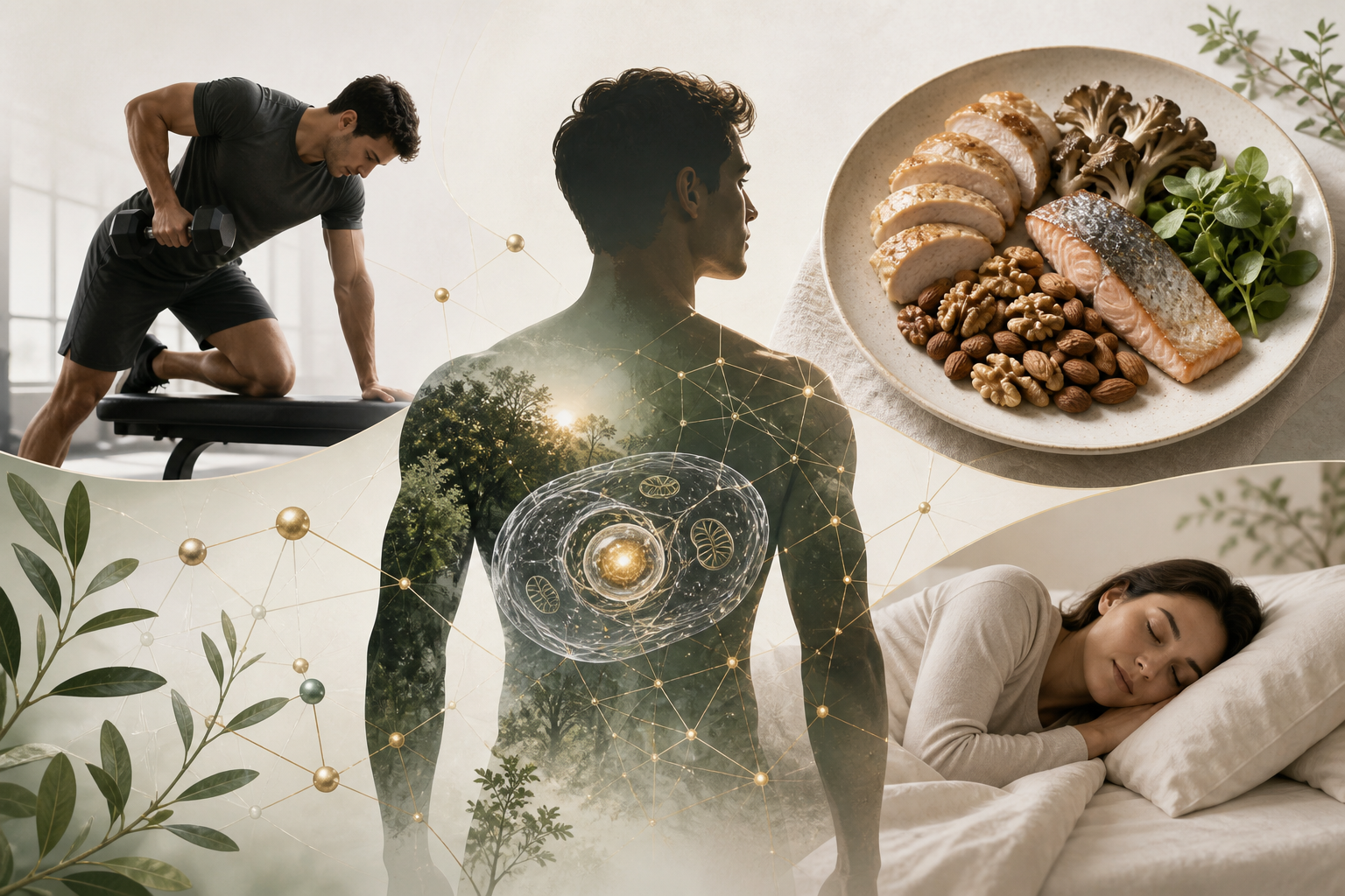 Evidence-based natural habits including exercise, balanced food, cellular energy and consistent sleep