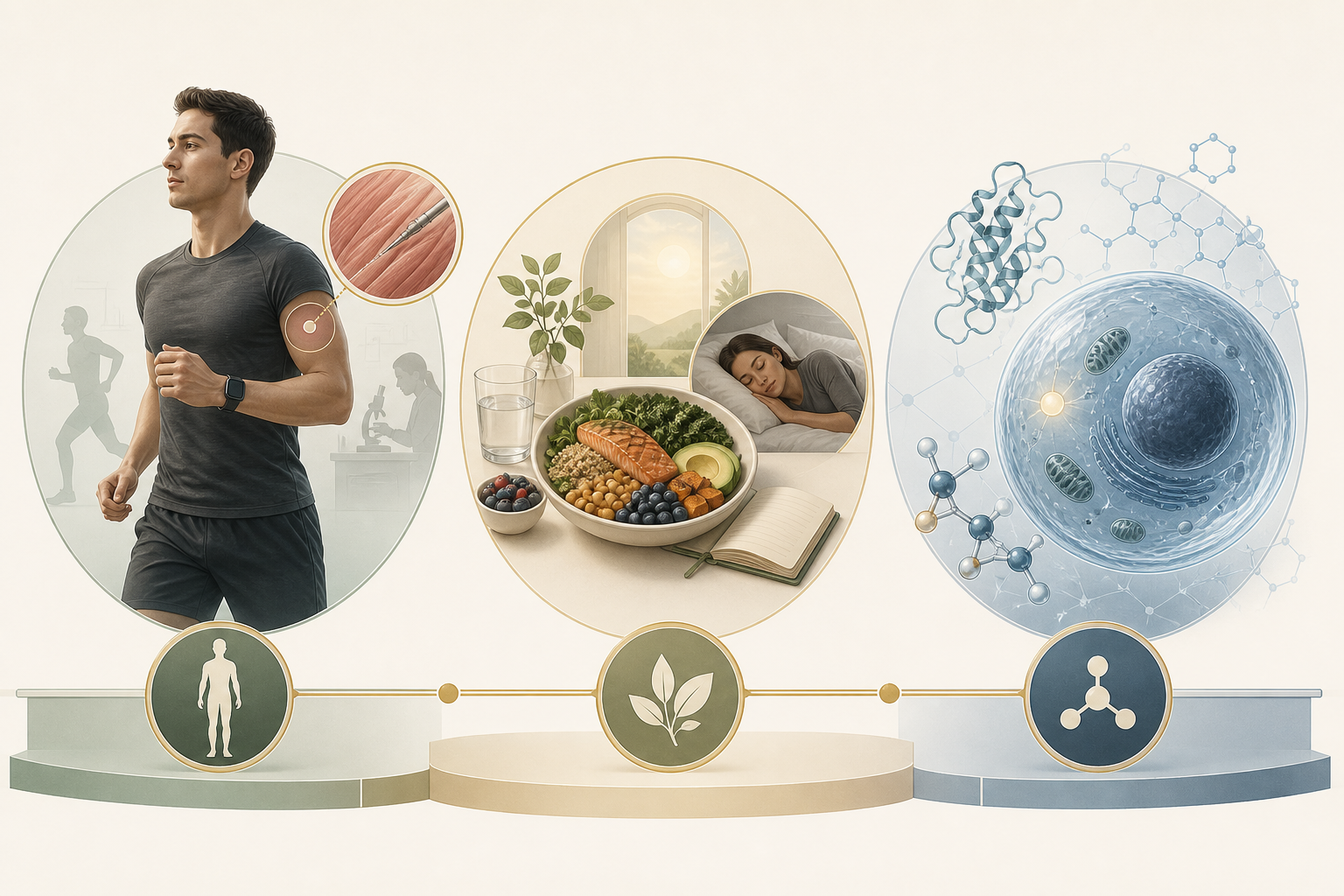 Visual comparison of human research, lifestyle evidence and cellular mechanism evidence for NAD+ support