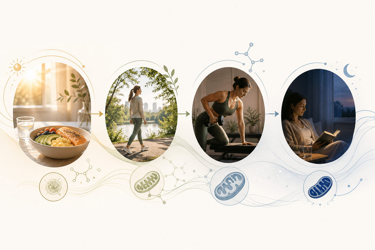 Daily rhythm showing balanced food, walking, resistance exercise and evening recovery as natural NAD+ support habits