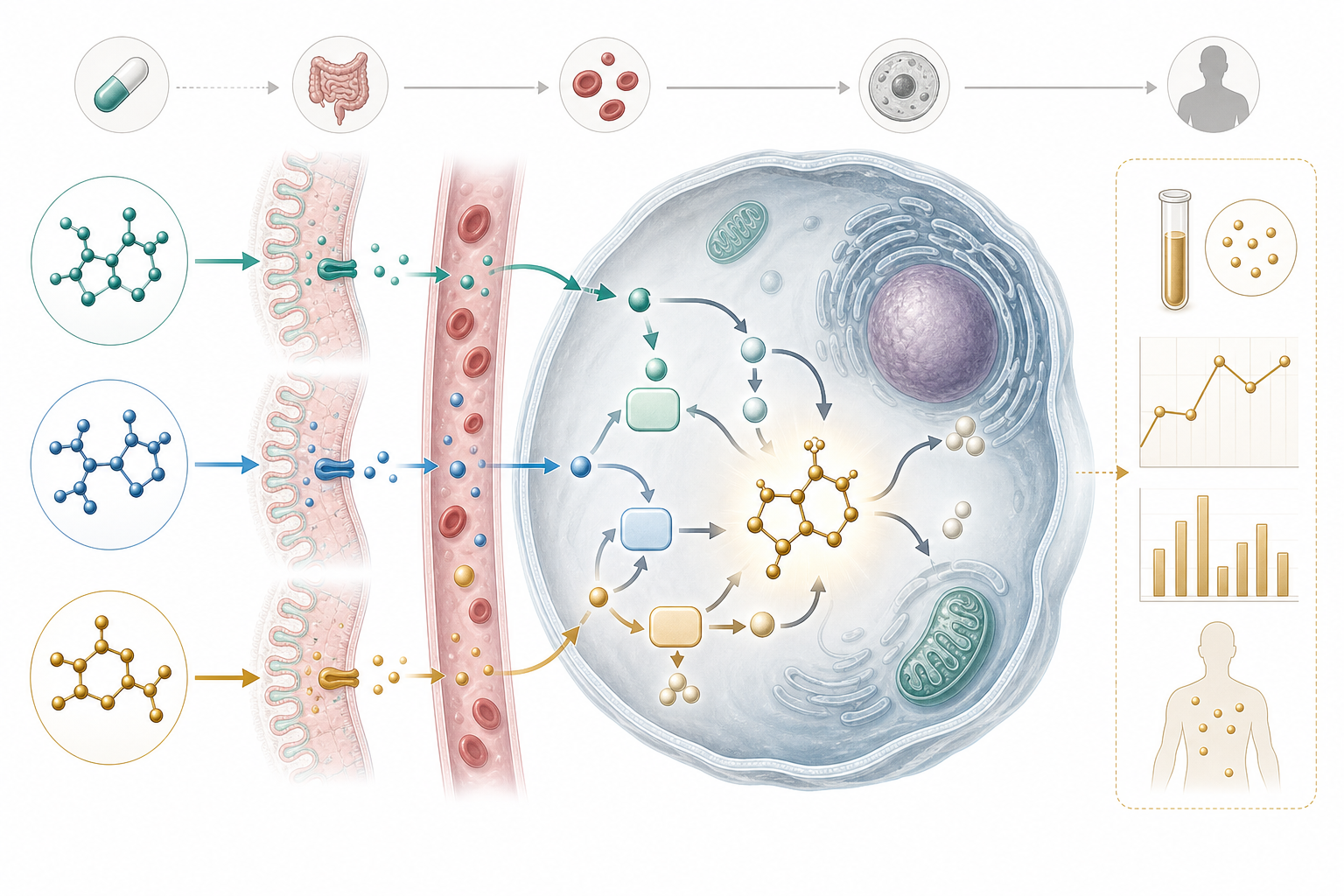 Editorial illustration showing digestion, precursor pathways, and measured NAD+ evidence